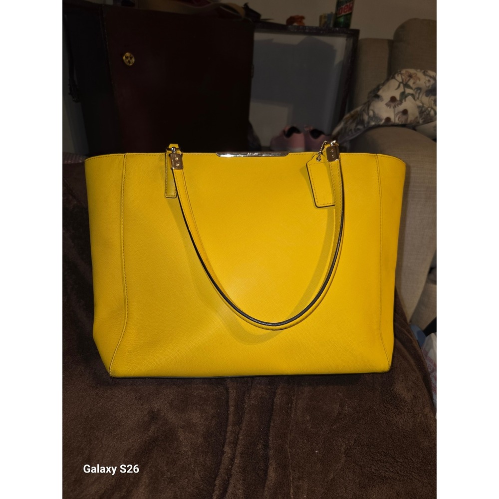 31. Coach Yellow Crossgrain Leather Zip Top Tote Bag Silver Hardware F34103